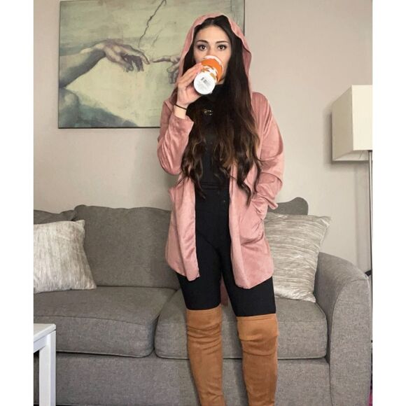 Mauve Belted Faux Suede Hooded Jacket - Picture 3 of 4